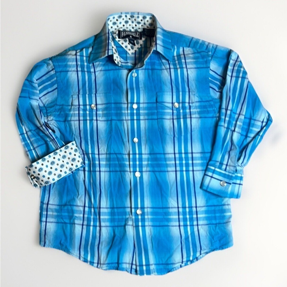 Kids Panhandle Western Blue Plaid Pearl Snap Shirt size S/6